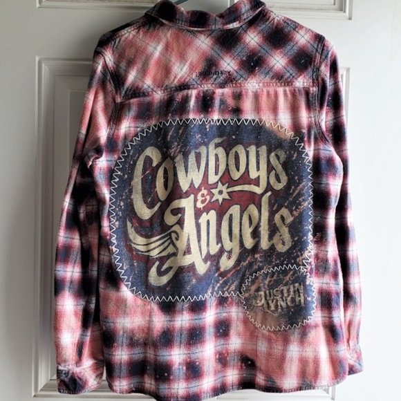 Upcycled Distressed Flannel Shirt JUSTIN LYNCH Country Music Graphic Tee Back - Picture 1 of 5